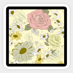 Vintage Floral Design: Hand-Drawn Daisies and Roses on a Pale Yellow Canvas. Sticker